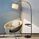 Black Arched Floor Lamp with Wooden Tray and Marble Base