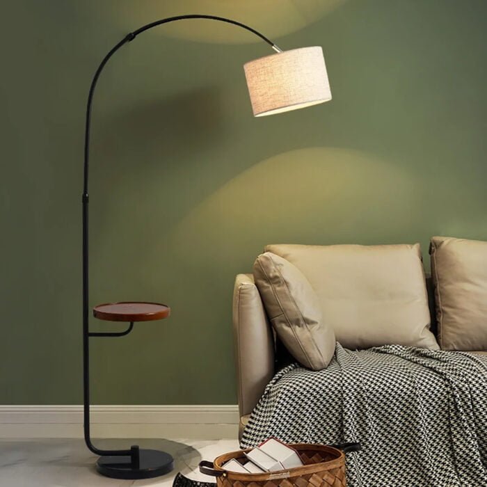 Black Arched Floor Lamp with Wooden Tray and Marble Base - Image 2