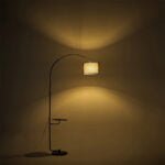 Black Arched Floor Lamp with Wooden Tray and Marble Base - Image 9