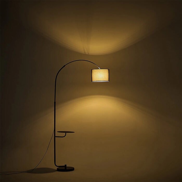 Black Arched Floor Lamp with Wooden Tray and Marble Base - Image 9