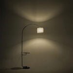 Black Arched Floor Lamp with Wooden Tray and Marble Base - Image 8