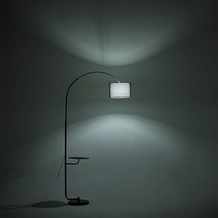 Black Arched Floor Lamp with Wooden Tray and Marble Base - Image 7