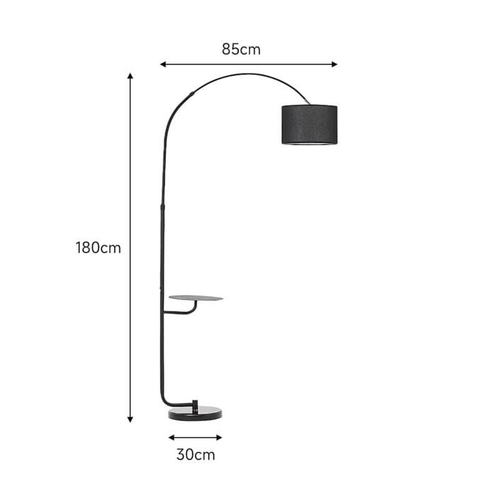 Black Arched Floor Lamp with Wooden Tray and Marble Base - Image 6