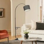 Black Arched Floor Lamp with Wooden Tray and Marble Base - Image 3