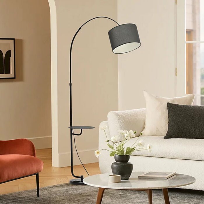 Black Arched Floor Lamp with Wooden Tray and Marble Base - Image 3