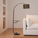 Black Arched Floor Lamp with Wooden Tray and Marble Base - Image 4