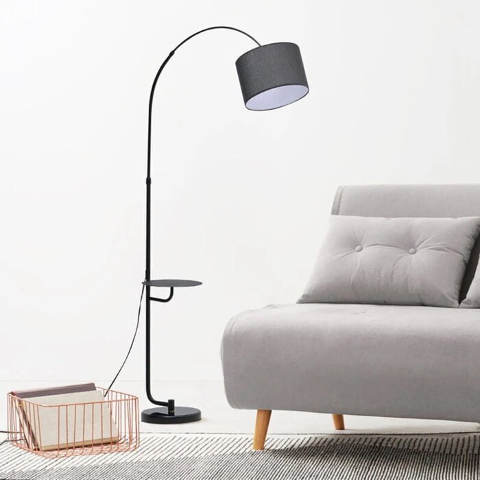 Black Arched Floor Lamp with Wooden Tray and Marble Base - Image 5